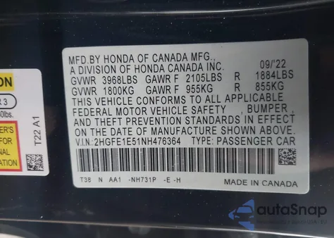 2022 Honda Civic Si Sedan from USA, damaged, VIN 2HGFE1E51NH476364